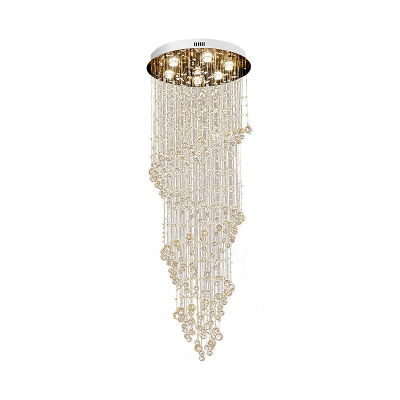 Modern Swirling Strand Ceiling Lamp 7 Lights Crystal LED Cluster Pendant Light in Gold