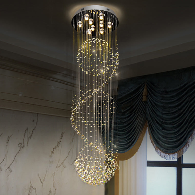 Black Orbs and Rods Cluster Pendant Modern Clear Crystal 9-Bulb Stair LED Ceiling Hang Fixture