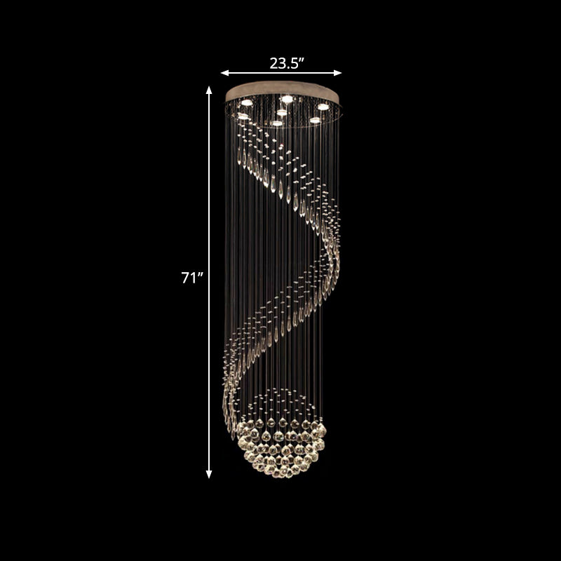 Spiral Stair Cluster Pendant Lamp Minimalist Clear Crystal 7-Light Silver LED Ceiling Light