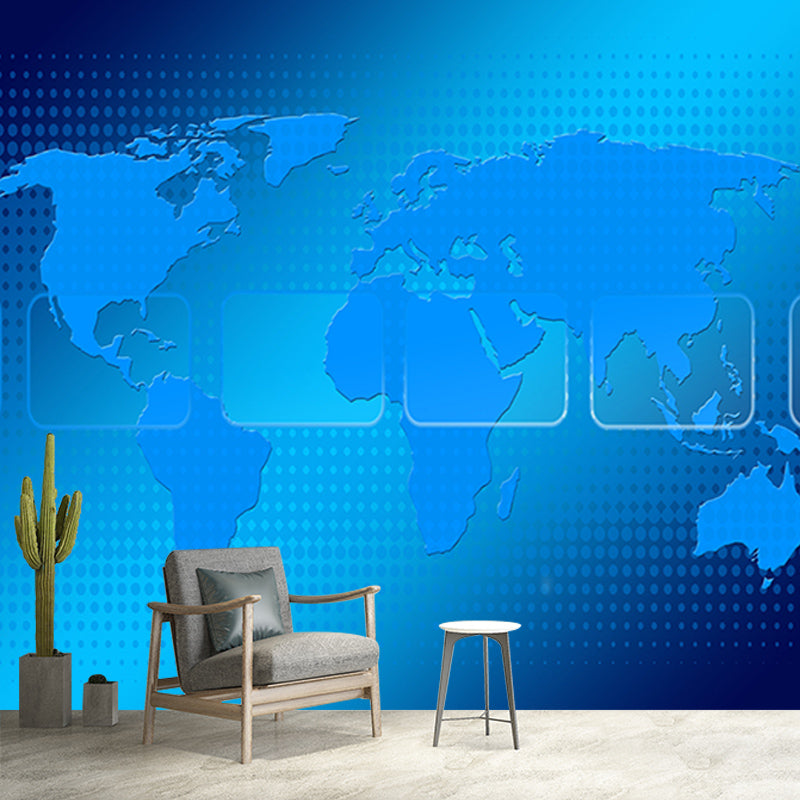 Blue Map Illustration Mural Contemporary Wall Decoration for Living Room