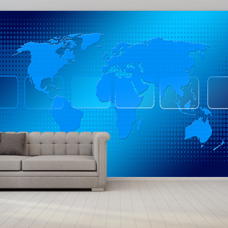 Blue Map Illustration Mural Contemporary Wall Decoration for Living Room