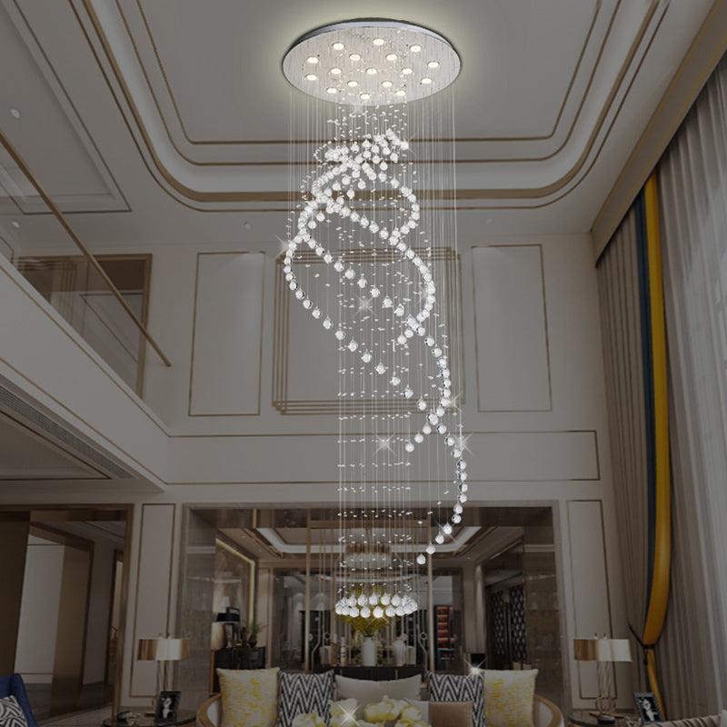 Modernist Spiral LED Ceiling Light 17 Bulbs Clear Crystal Cluster Pendant Lamp in Silver