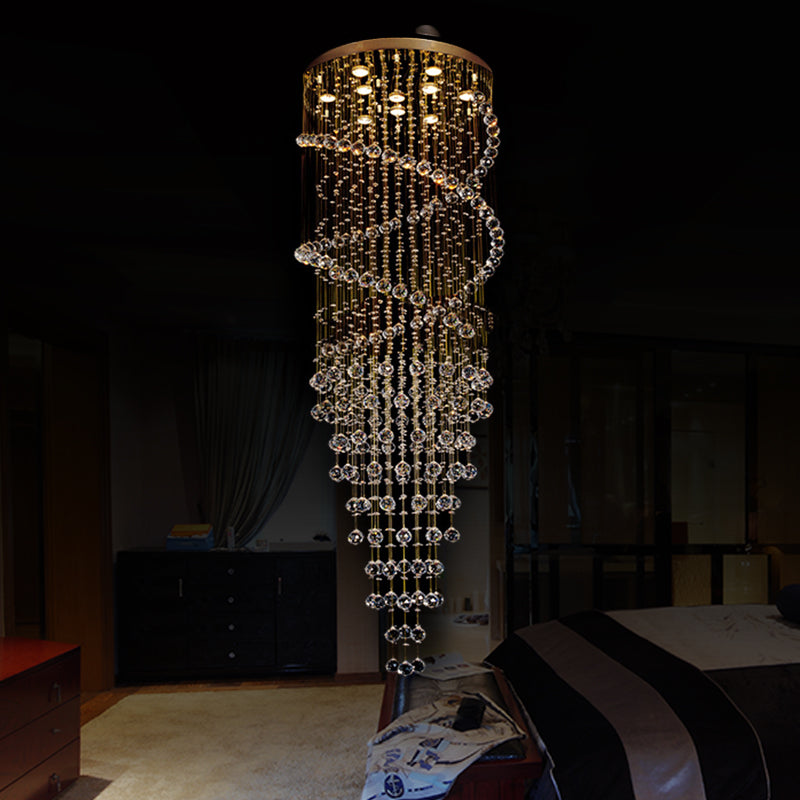 10-Head Spiral Cascades Hanging Lamp Modernism Brass Clear Crystal LED Multi Light Pendant
