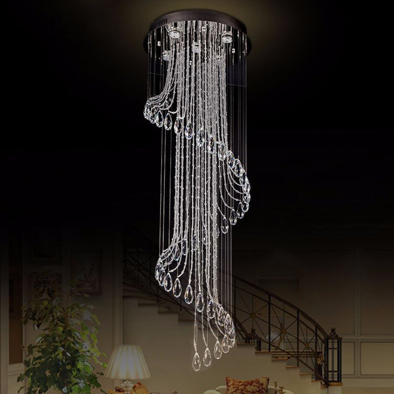 Black 5-Light LED Ceiling Light Contemporary Clear Crystal Spiral Cluster Pendant for Living Room