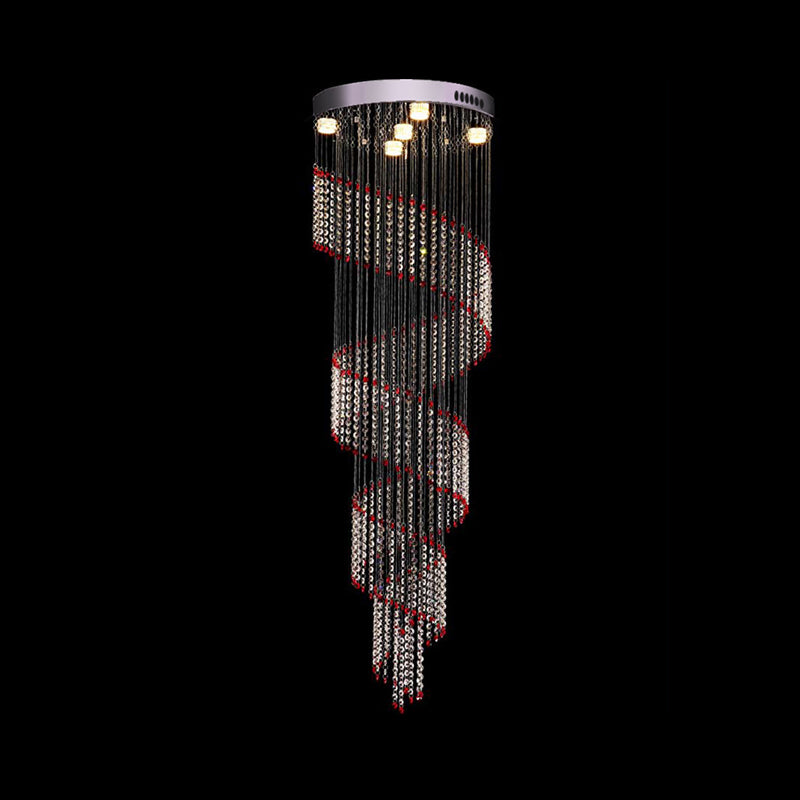5 Bulbs Spiral Cascades Hanging Lamp Modernism Silver Clear and Red Crystal LED Multi Light Pendant