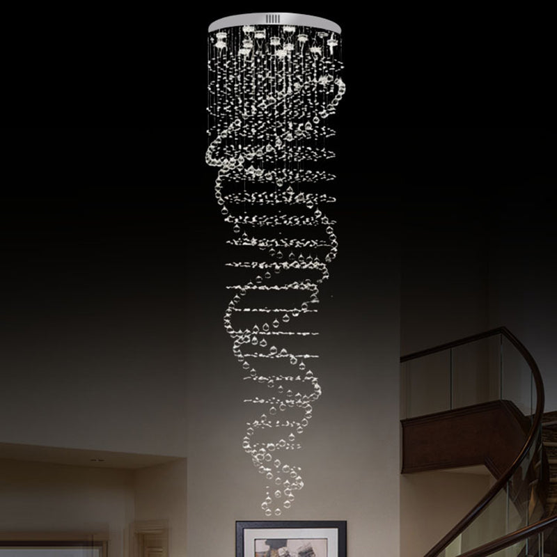 Clear Crystal Cascades Hanging Light Contemporary 13-Light Stair LED Multi Lamp Pendant in Silver