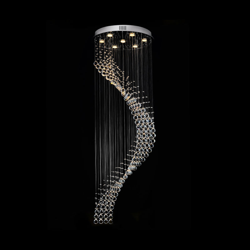 Luz de techo múltiple espiral modernista 7 Bombullas Lámpara colgante de cristal en plata