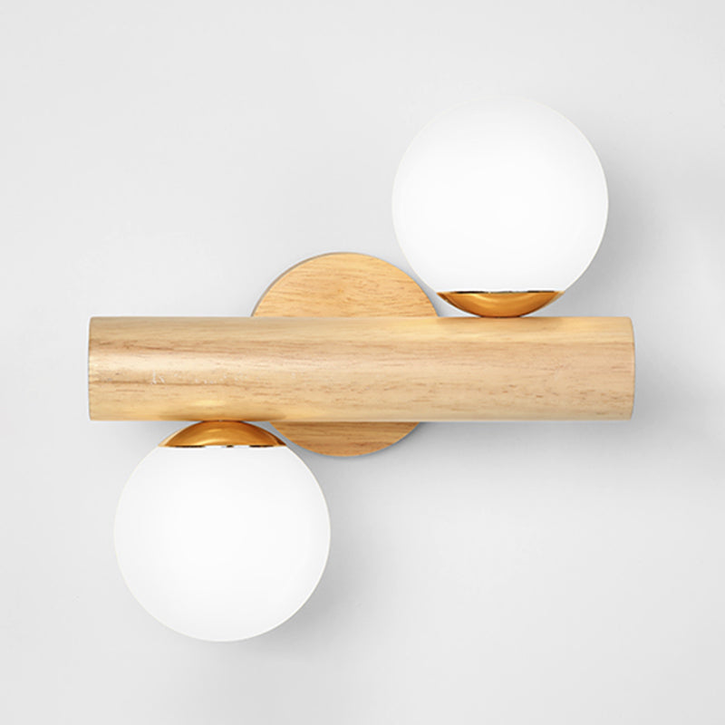 2-Light Wood Wall Lighting Modern Globe Wall Mounted Light Fixture with Glass Shade