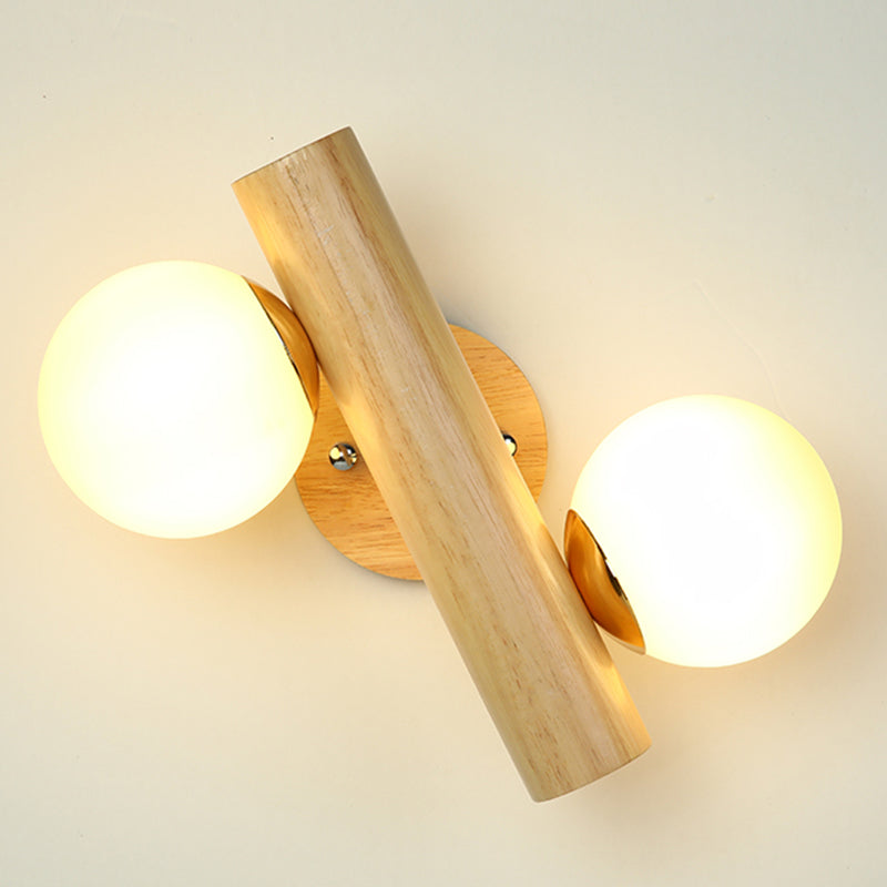 2-Light Wood Wall Lighting Modern Globe Wall Mounted Light Fixture with Glass Shade