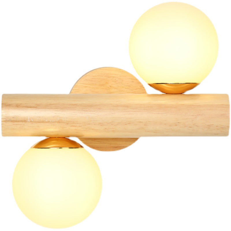 2-Light Wood Wall Lighting Modern Globe Wall Mounted Light Fixture with Glass Shade