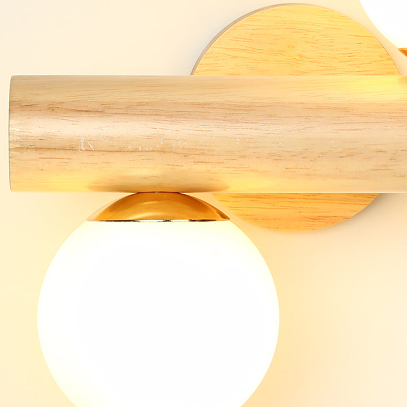 2-Light Wood Wall Lighting Modern Globe Wall Mounted Light Fixture with Glass Shade