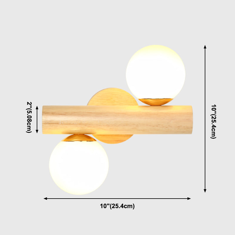 2-Light Wood Wall Lighting Modern Globe Wall Mounted Light Fixture with Glass Shade