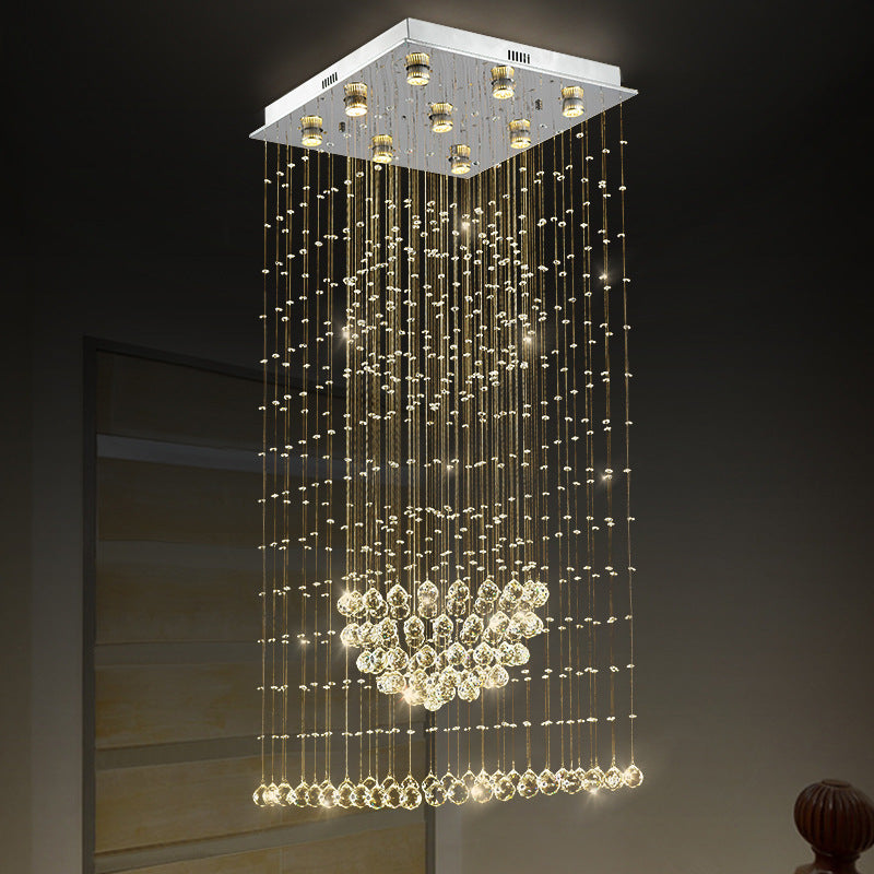 Modernist Waterfall Pendant Light 9-Bulb Crystal LED Multi Ceiling Lamp in Silver with Square Canopy