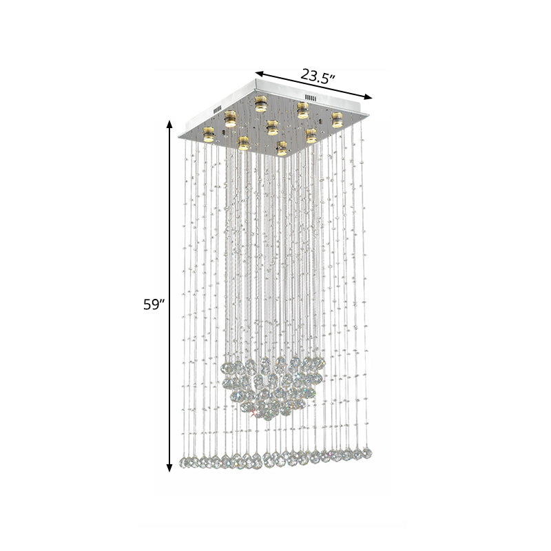 Modernist Waterfall Pendant Light 9-Bulb Crystal LED Multi Ceiling Lamp in Silver with Square Canopy
