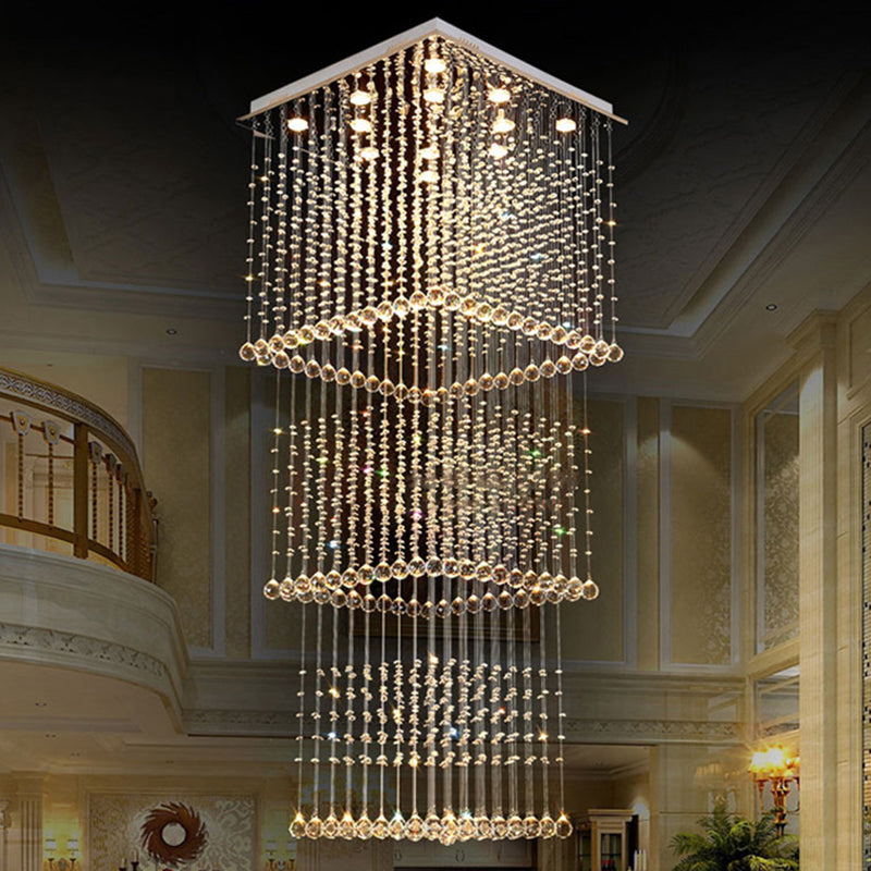 Crystal Square Hanging Light Minimalist 13 Bulbs Stair LED Multi Lamp Pendant in Silver