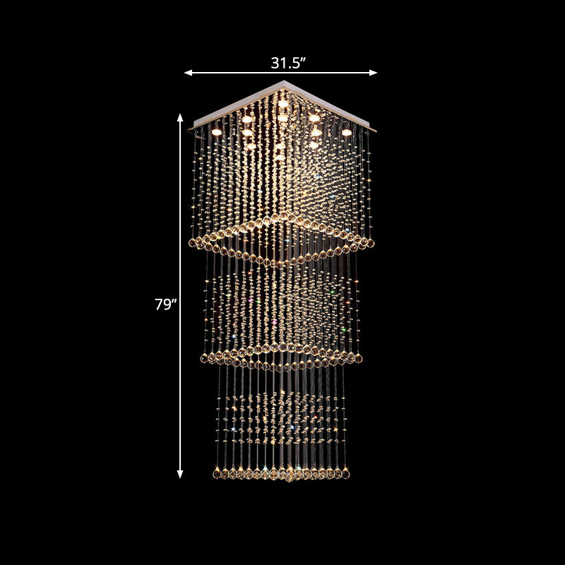 Crystal Square Hanging Light Minimalist 13 Bulbs Stair LED Multi Lamp Pendant in Silver