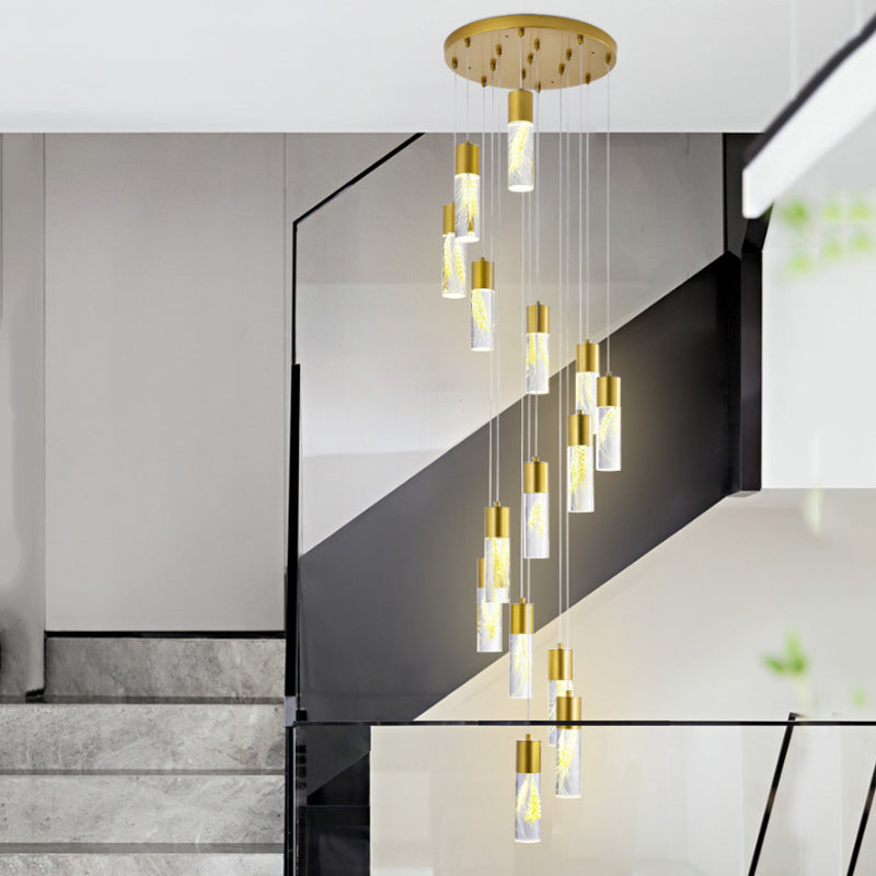 Gold 15/20-Head LED Hanging Light Modernism Acrylic Tube Multi Light Pendant Chandelier