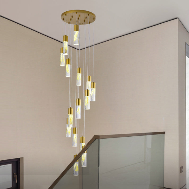Gold 15/20-Head LED Hanging Light Modernism Acrylic Tube Multi Light Pendant Chandelier