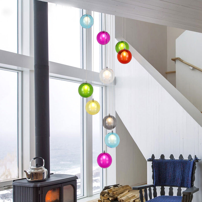 10 Lights Globe Cluster hanger Modern wit/roze glazen LED hangend plafondlicht voor trap