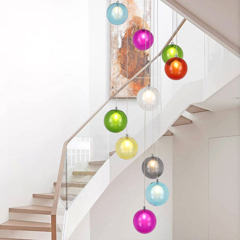 10 Lights Globe Cluster Pendant Modern White/Pink Glass LED Hanging Ceiling Light for Stair