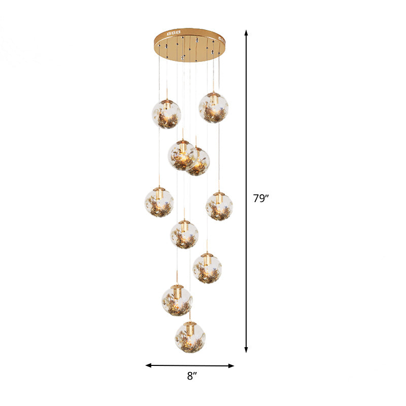 10 Bulbs Amber Dimpled Glass Pendant Contemporary Gold Ball Living Room Multi Light Chandelier