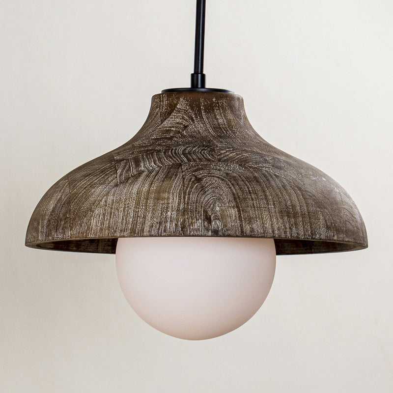 Cone Wood Hanging Light 1 Bulb Pendant Light with Globe Glass Shade for Dinning Room