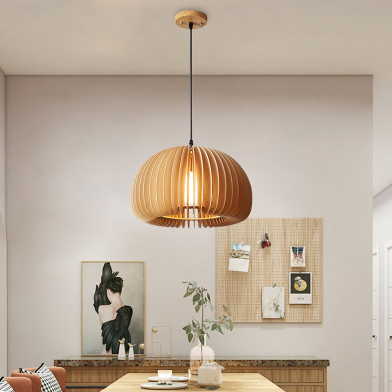 Lampada a ciondolo a cupola in legno Moderna 1 testa da 16,5 "Luce di sospensione beige larga per il ristorante