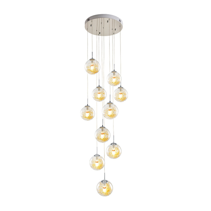 Lampe suspension d'escalier d'escalier d'escalier de modernisme multi-léger à 10 têtes avec une teinte en verre transparent en argent sphère en argent
