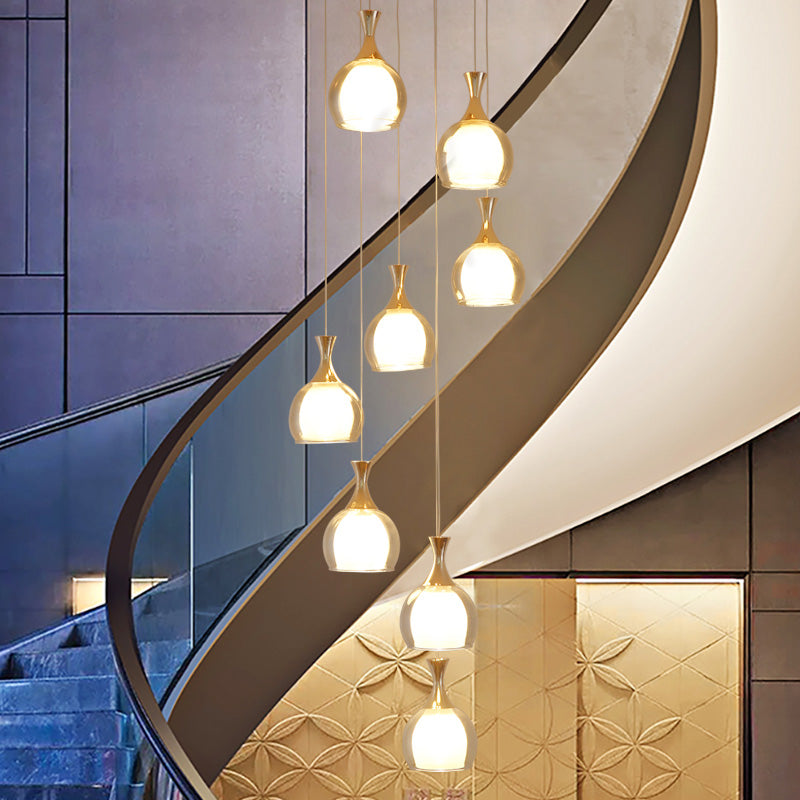 Gold 8-Bulb Ceiling Light Modernism Clear Glass Dome Multi Lamp Pendant with Round Canopy