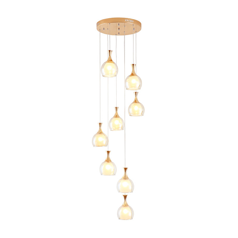 Gold 8-Bulb Ceiling Light Modernism Clear Glass Dome Multi Lamp Pendant with Round Canopy