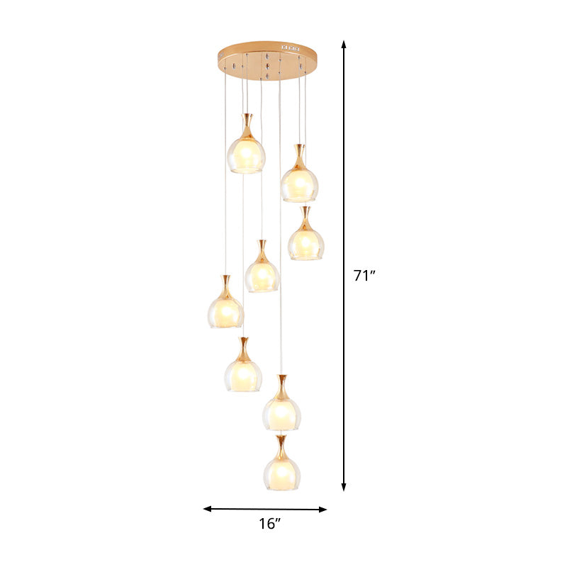 Gold 8-Bulb Ceiling Light Modernism Clear Glass Dome Multi Lamp Pendant with Round Canopy