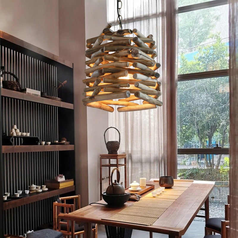 1 Light Pendant Lighting Fixture Modern Style Stick Shape Wood Hanging Light