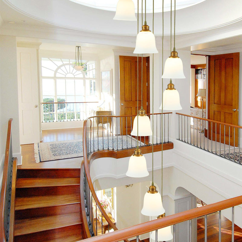 8-Head Pendant Lighting Modernism Stair Multi Ceiling Light with Bell/Dome White Glass Shade