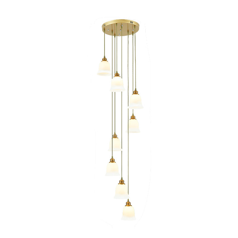 8-Head Pendant Lighting Modernism Stair Multi Ceiling Light with Bell/Dome White Glass Shade