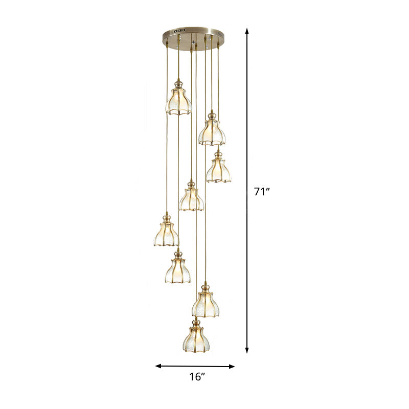Luce a soffitto a spirale coloniale 8 bulbi lampada a sospensione cluster metallica in oro con tonalità in vetro smerigliato