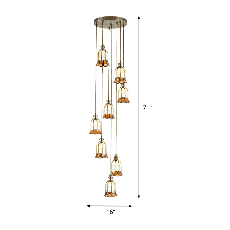Brass 8-Bulb Multiple Hanging Light Colonial Milk Glass Floral Suspended Pendant Lamp