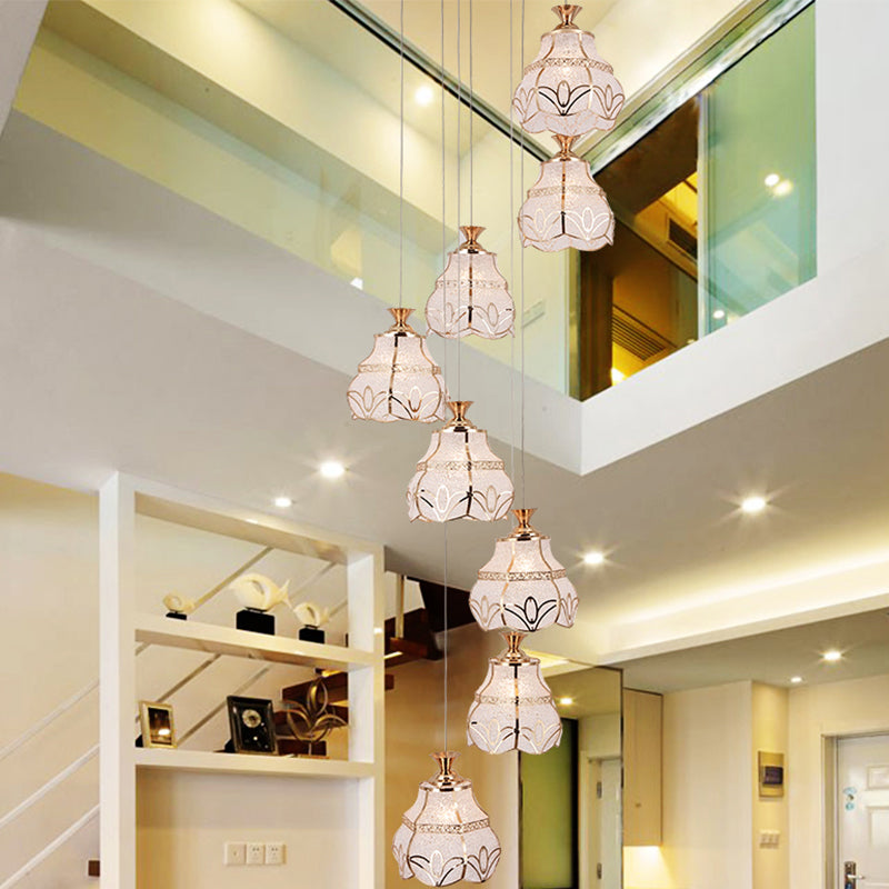 White Glass Spiral Hanging Light Contemporary 8-Light Stair Multi Lamp Pendant with Flower Shade