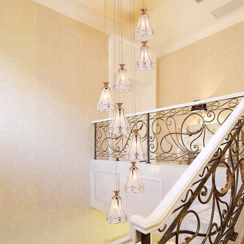 Gold Floral Suspension Light Modern Textured Glass 8 Bulbs Stair Multi Ceiling Lamp