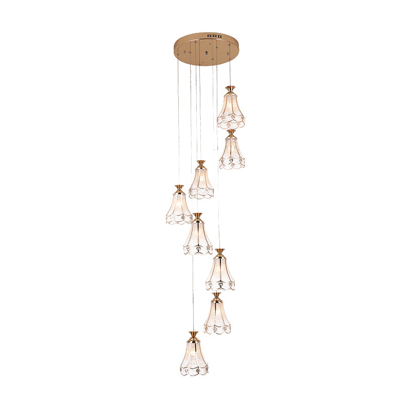 Gold Floral Suspension Light Modern Textured Glass 8 Bulbs Stair Multi Ceiling Lamp