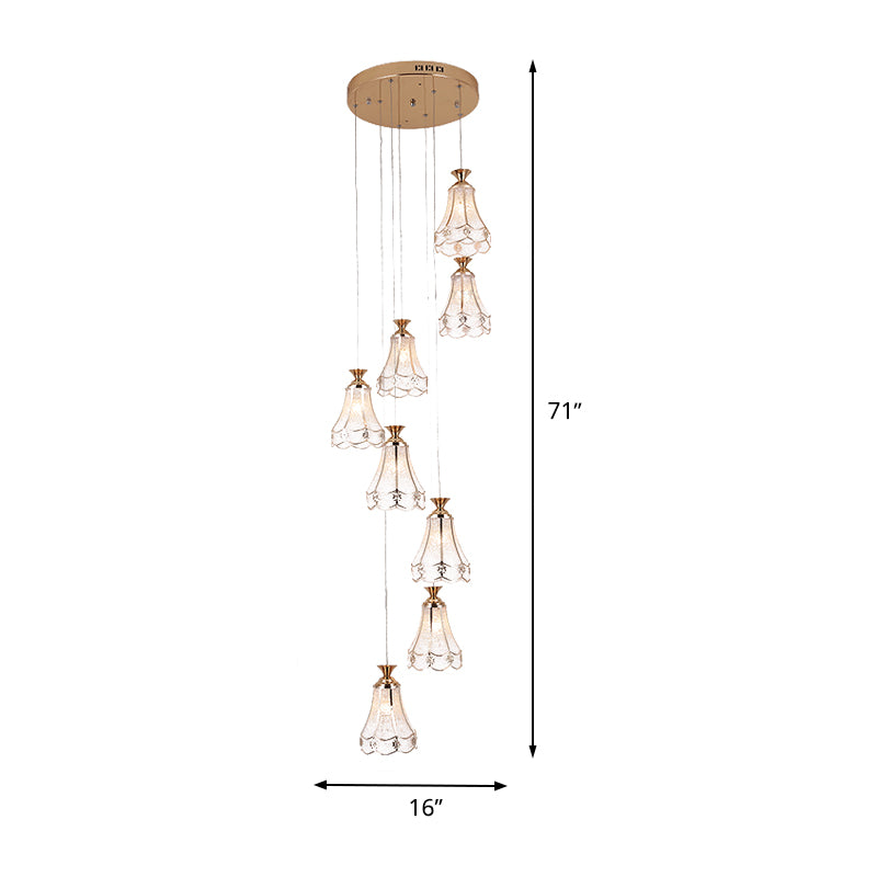 Gold Floral Suspension Light Modern Textured Glass 8 Bulbs Stair Multi Ceiling Lamp