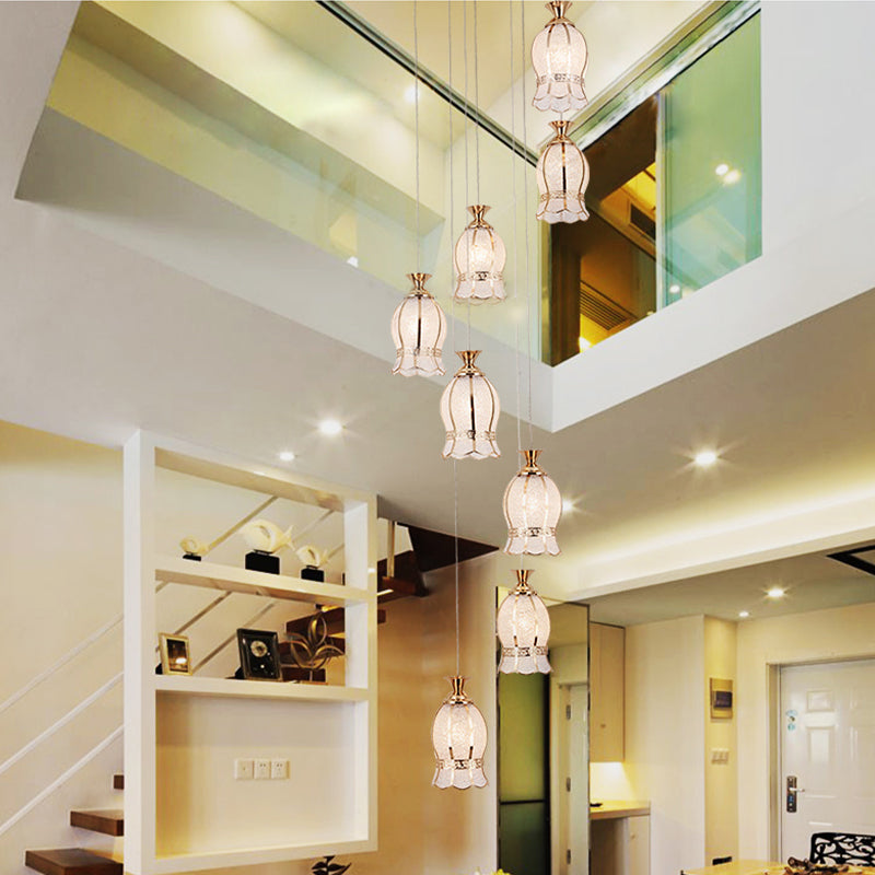 8 Lights Flower Hanging Lighting Modernism Brass Textured Glass Cluster Pendant Lamp