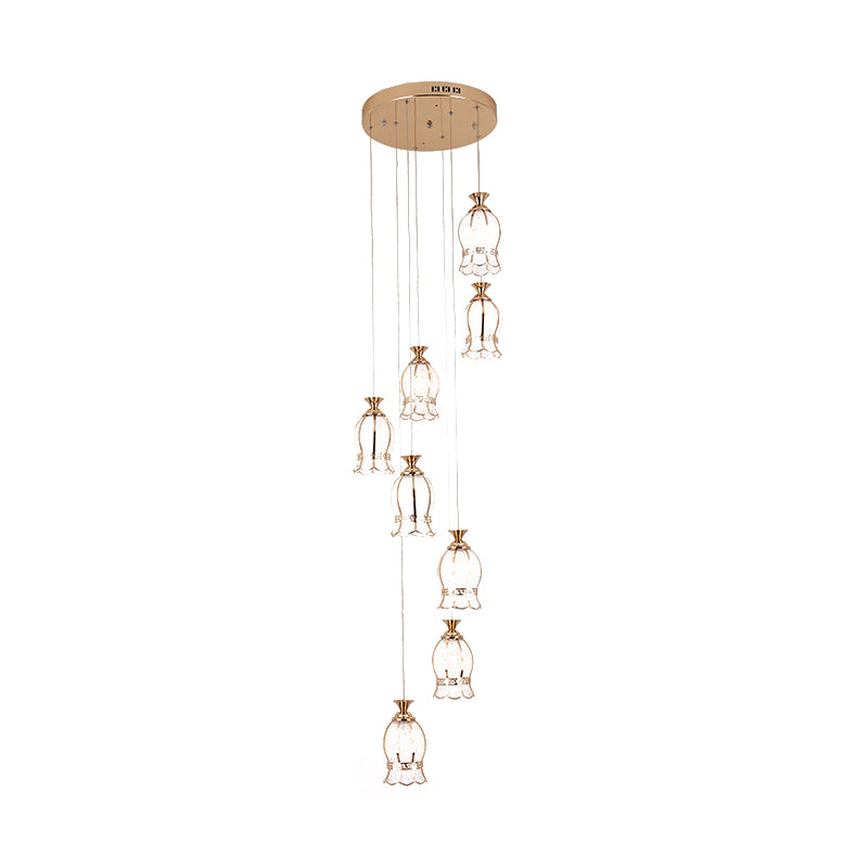 8 Lights Flower Hanging Lighting Modernism Brass Textured Glass Cluster Pendant Lamp