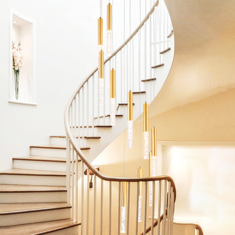 Gold Slim Tube Hanging Lighting Modern Acrylic 10 Lights Stair Multi Light Pendant Chandelier
