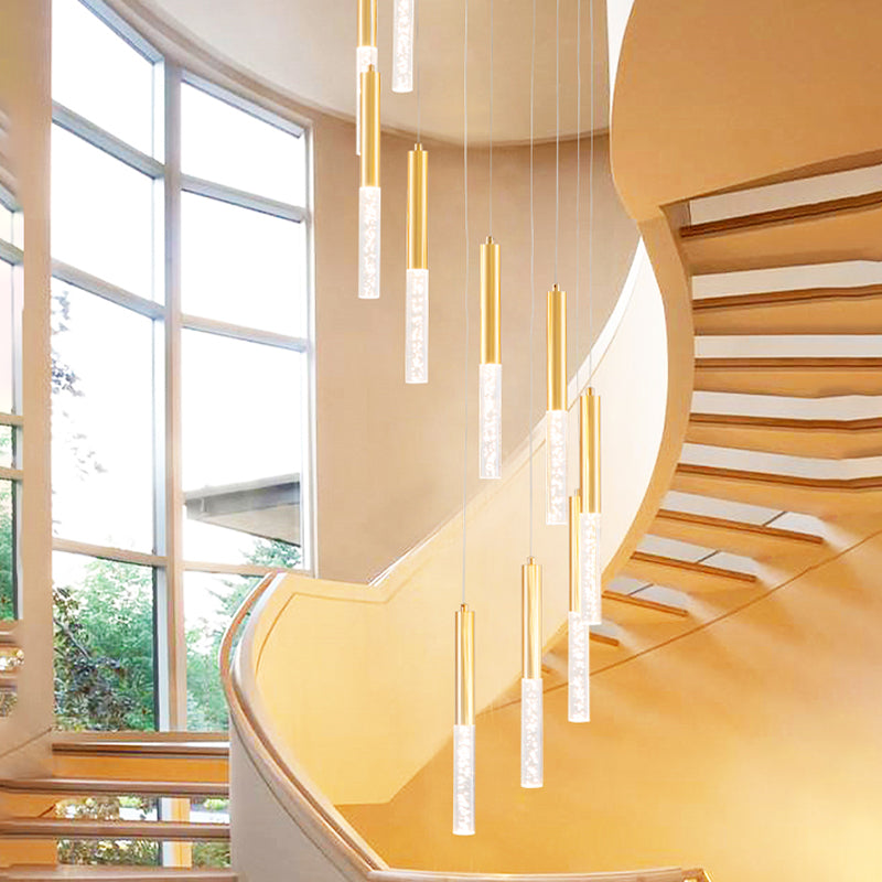Gold Slim Tube Hanging Lighting Modern Acrylic 10 Lights Stair Multi Light Pendant Chandelier