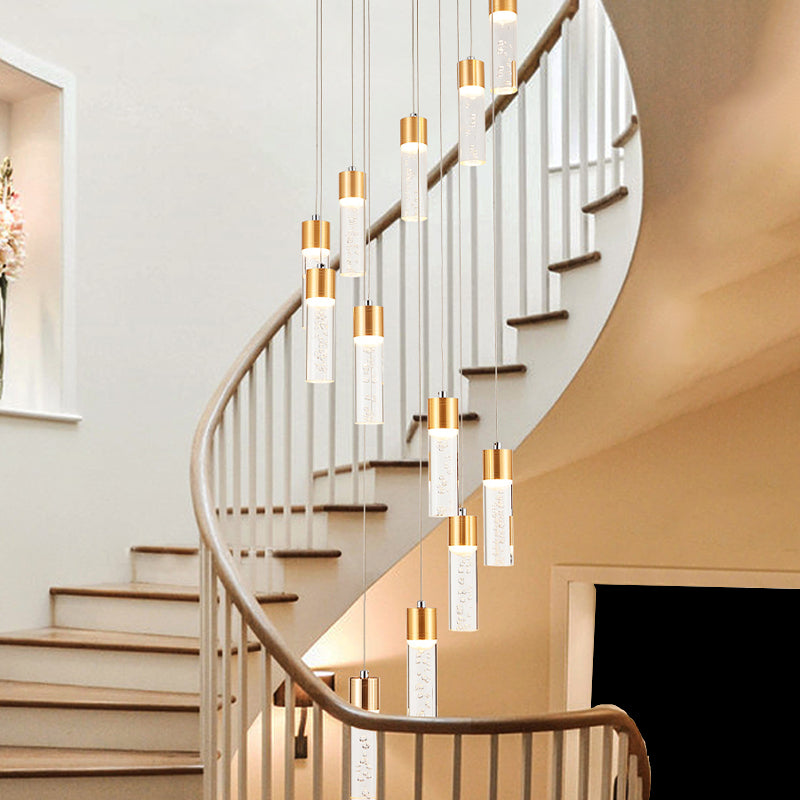 12 Heads Acrylic Pendant Lighting Modernist Gold/Silver Tube Stair Multiple Hanging Lamp with Spiral Design