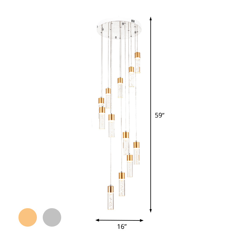 12 Heads Acrylic Pendant Lighting Modernist Gold/Silver Tube Stair Multiple Hanging Lamp with Spiral Design