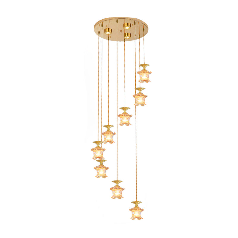 Modernist Globe/Cylinder Pendant Lamp 8-Head Tan Prismatic Glass Multi Light Chandelier in Brass