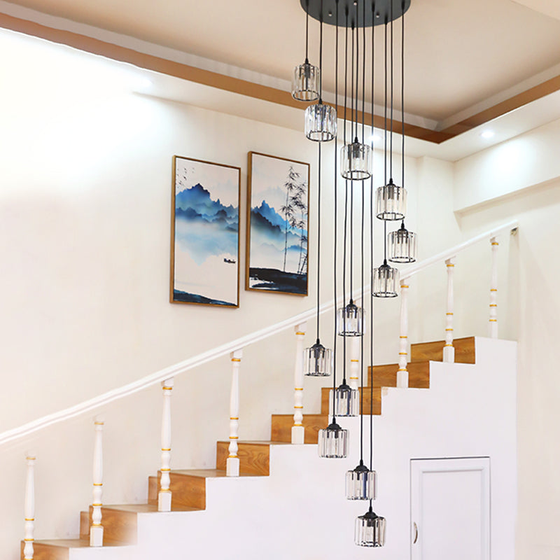 12 lumières Crystal Sanging Lighting Contemporary Black Cylinder salon Pendre plusieurs lampes