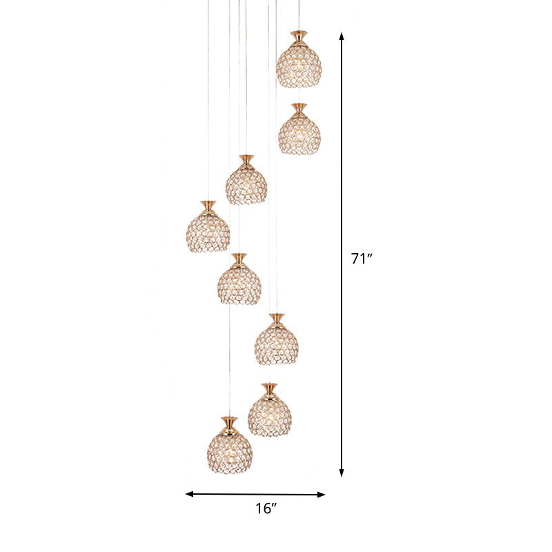 Brass 8 Heads Suspension Lighting Modernism Crystal Dome Shade Cluster Pendant Lamp