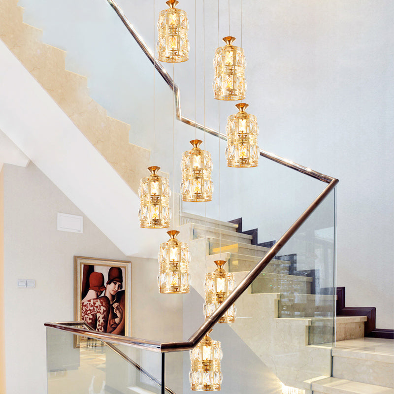 Modernist Cylindrical Cluster Pendant Light 8 Bulbs Crystal Hanging Ceiling Lamp in Gold